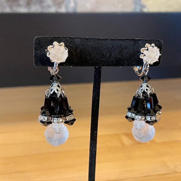 Vintage Vendome! - Frosted Clear, Black Glass, Rhinestone, and Silver Tone Mid Century Dangle Clip Earrings - Signed - Rare