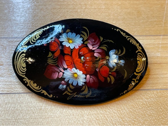 Vintage Russian Lacquer Palekh Hand Painted Brooch - Red, White