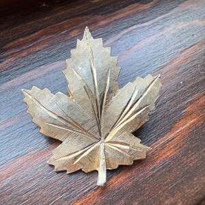 May include: A gold-toned metal maple leaf brooch with a detailed textured design.