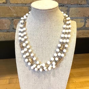 Long Vintage White Milk Glass and Gold Tone Bead Necklace - 26” Long