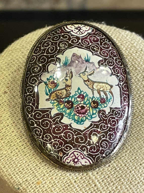 Vintage Hand Painted Persian Brooch with Deer - image 3