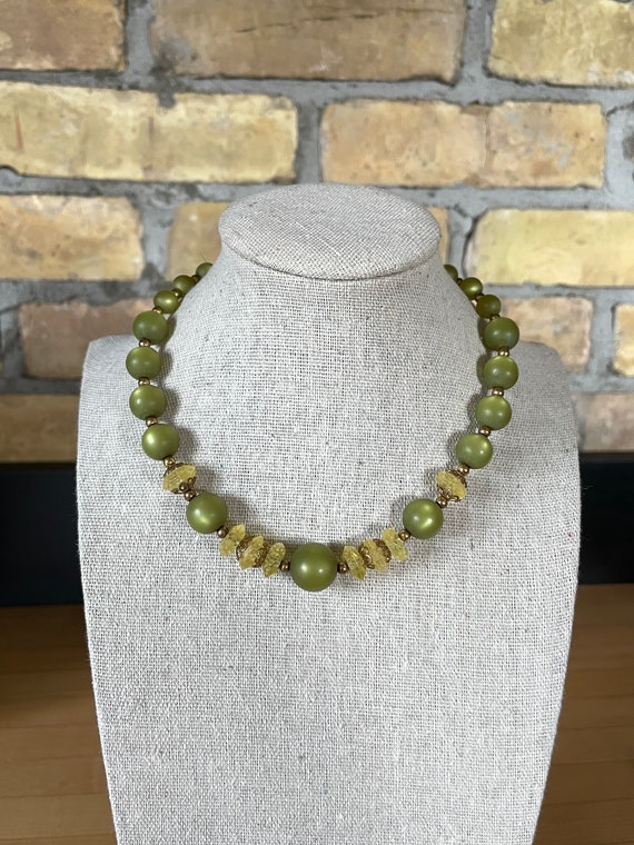 Vintage Olive Green Moonglow and Yellow Bead Chok… - image 1