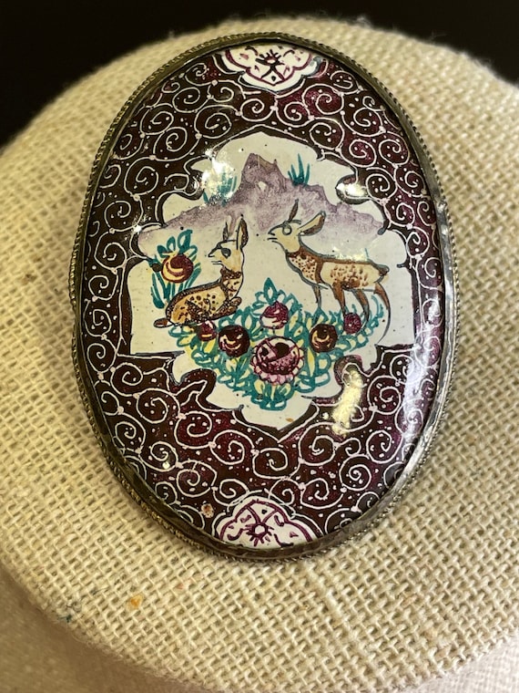 Vintage Hand Painted Persian Brooch with Deer - image 1