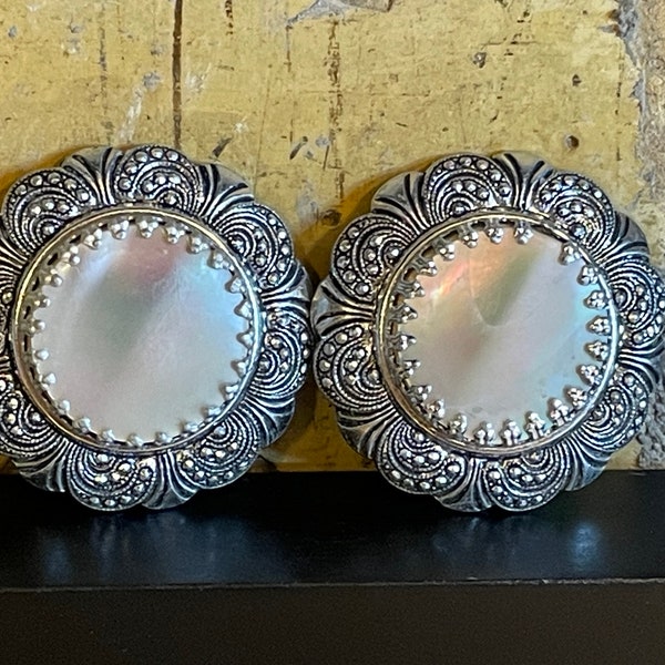 Vintage mother of pearl and aluminum button clip earrings - Mid century - MCM - Marked Germany