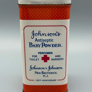 Boîte vintage antiseptique de poudre pour bébés Johnson&#39;s - Jolie boîte orange pour le 100e anniversaire de Johnson - 1986