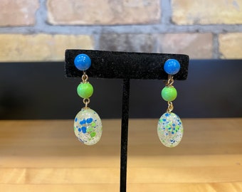 Vintage Japan Green and Blue Dangle Screwback Earrings