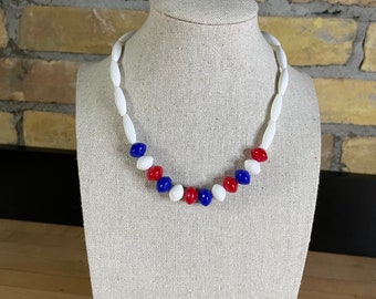 Vintage Americana Beaded Necklace - Patriotic Red, White, and Blue