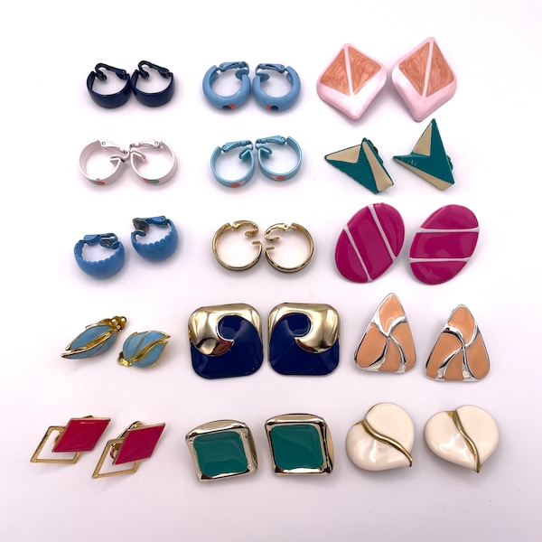 Lot of Fifteen Pairs Vintage Clip Earrings - Colorful 1960s - 1990s Earrings - Metal with Enamel / Paint