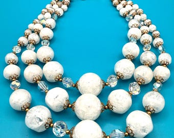 White Crackle and Aurora Borealis Clear Three-Strand Bead Choker Necklace - Mid Century