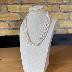 Vintage White 5.8mm Faux Pearl Necklace - 54” Around - Rhinestone and Silver Tone Bow Clasp