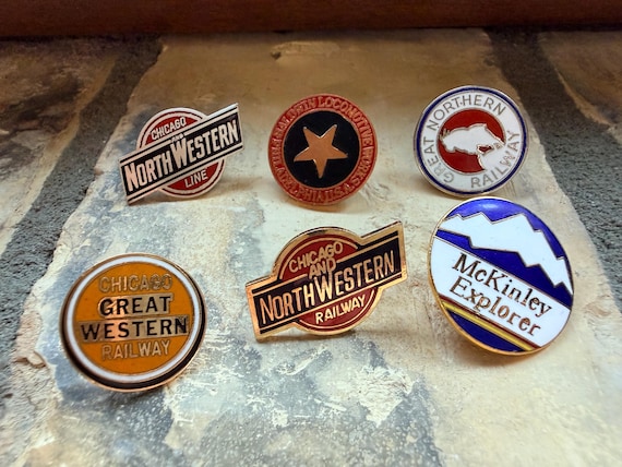 Lot of Six Vintage Railway Pins - Northwestern, McKinley, Great Northern, Great Western, Baldwin