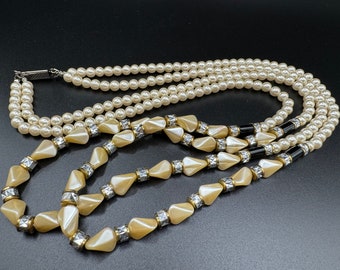 Gorgeous and Unique Faux Pearl and Faceted Gold, Silver, and Black Beaded Two-Strand Vintage Mid Century Necklace