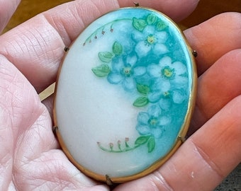 Hand Painted Victorian Porcelain Brooch with Forget Me Nots - C Clasp