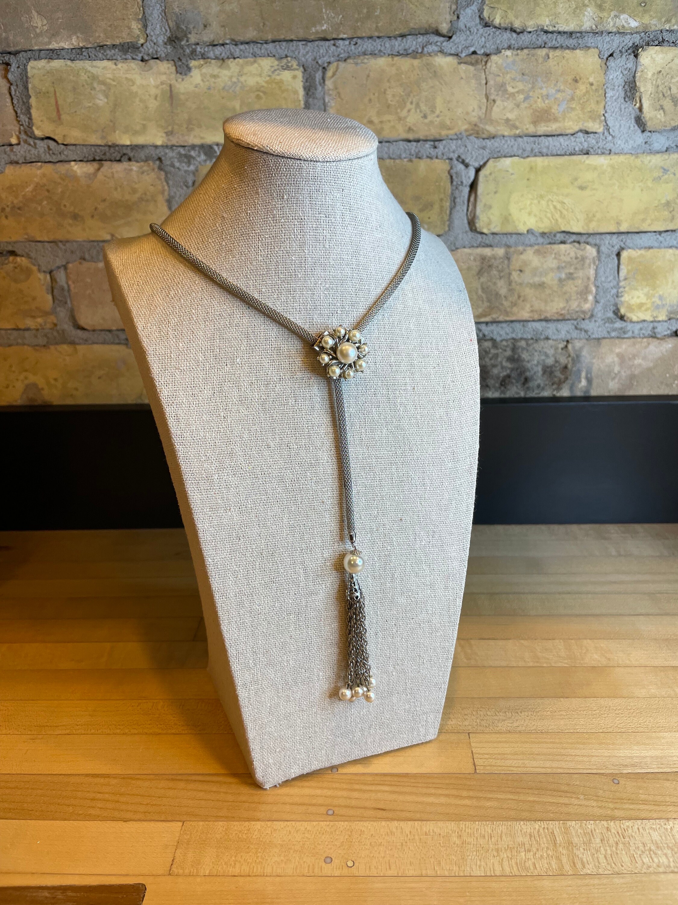Vintage Silver Tone and Faux Pearl Y Necklace - Adjustable with Tassel