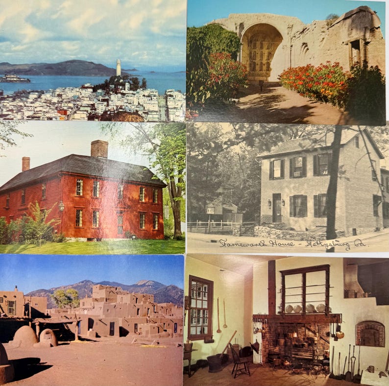 May include: A collection of six vintage postcards featuring various scenes: a San Francisco cityscape, stone ruins with flowers, a red house, the Farnsworth House in Gettysburg, a desert adobe structure, and a rustic interior with a large fireplace.