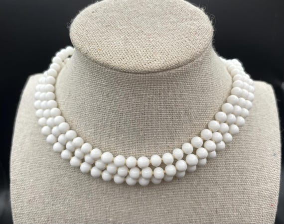 White Milk Glass Three Strand Choker Necklace Marked Japan - Mid Century Beauty - Petite Choker