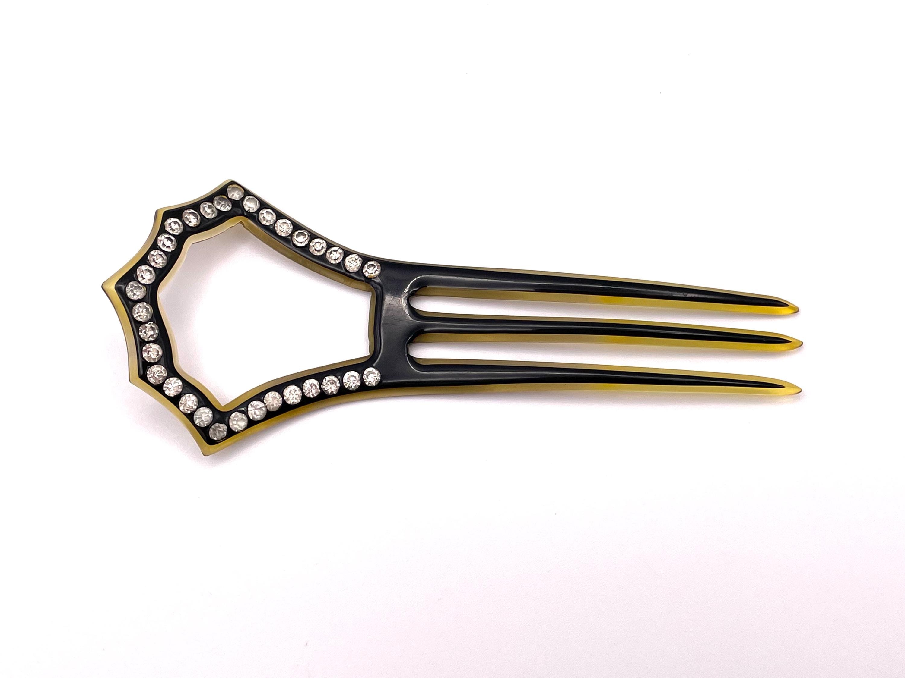 Vintage Ornate Spanish Style Headpiece Celluloid Comb with Black Rhinestones Antique hair comb, tiara, diadem, rhinestones, ... | Antikeo main image 3