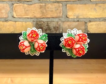 Coro White Painted Filigree and Pink Celluloid Rose Clip Earrings - 1940s