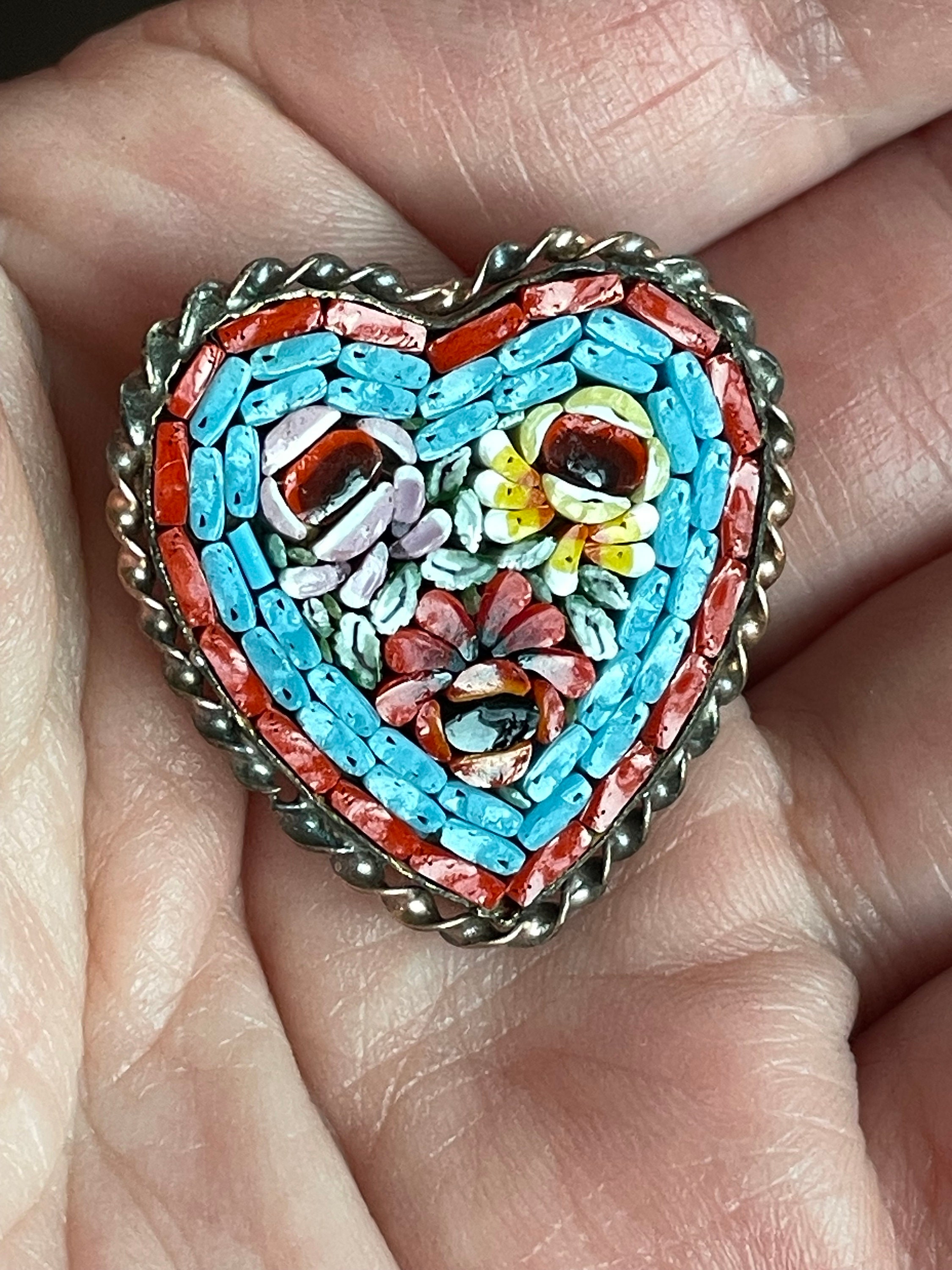 Vintage Micro Mosaic Heart Shaped Brooch / Pin With Flowers  Vintage Micro Mosaic Heart Brooch main image 0