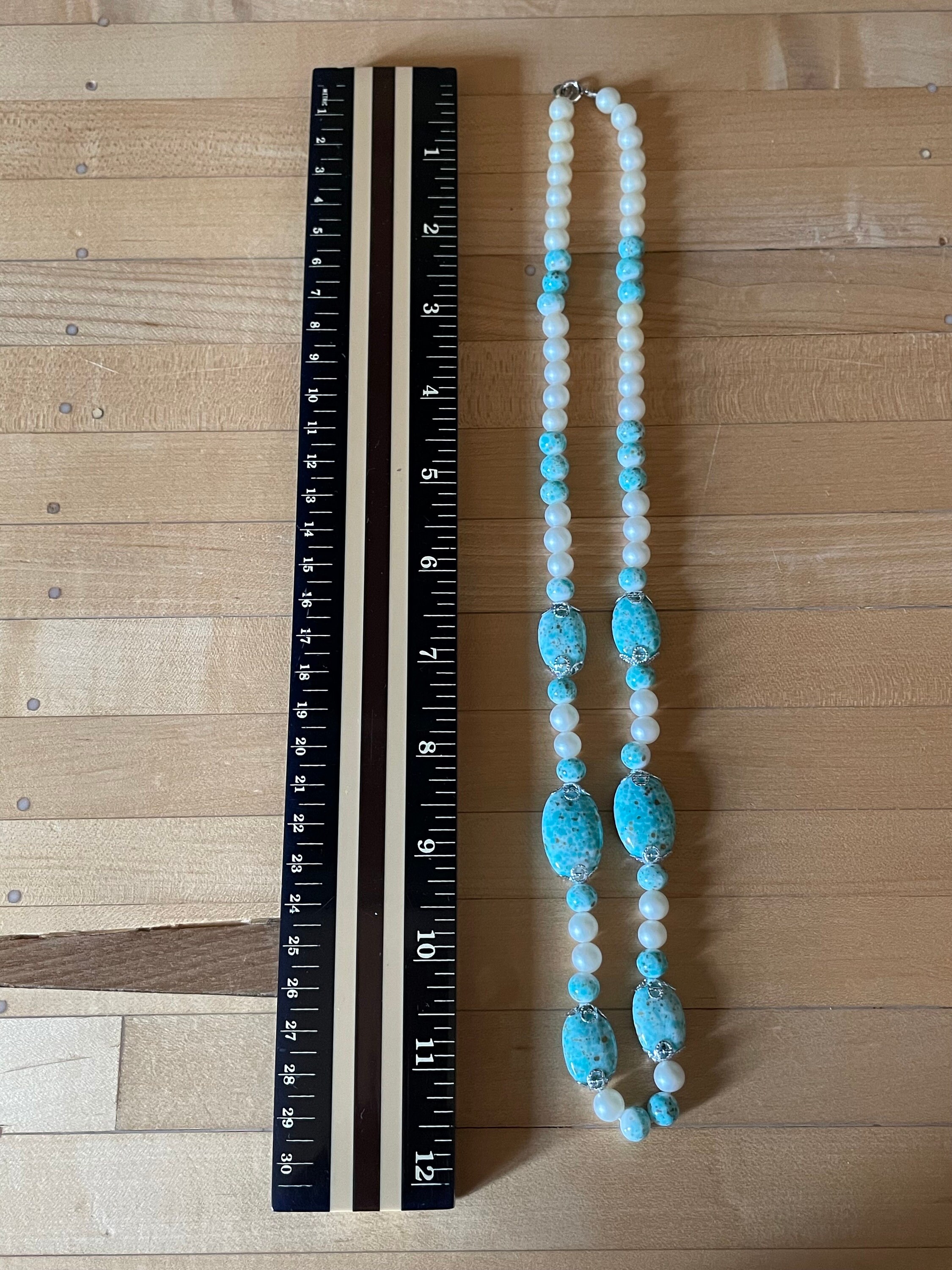 Collier Vintage Perles Turquoise & Nacre – Strass – Très Bon état – Bijou Rétro