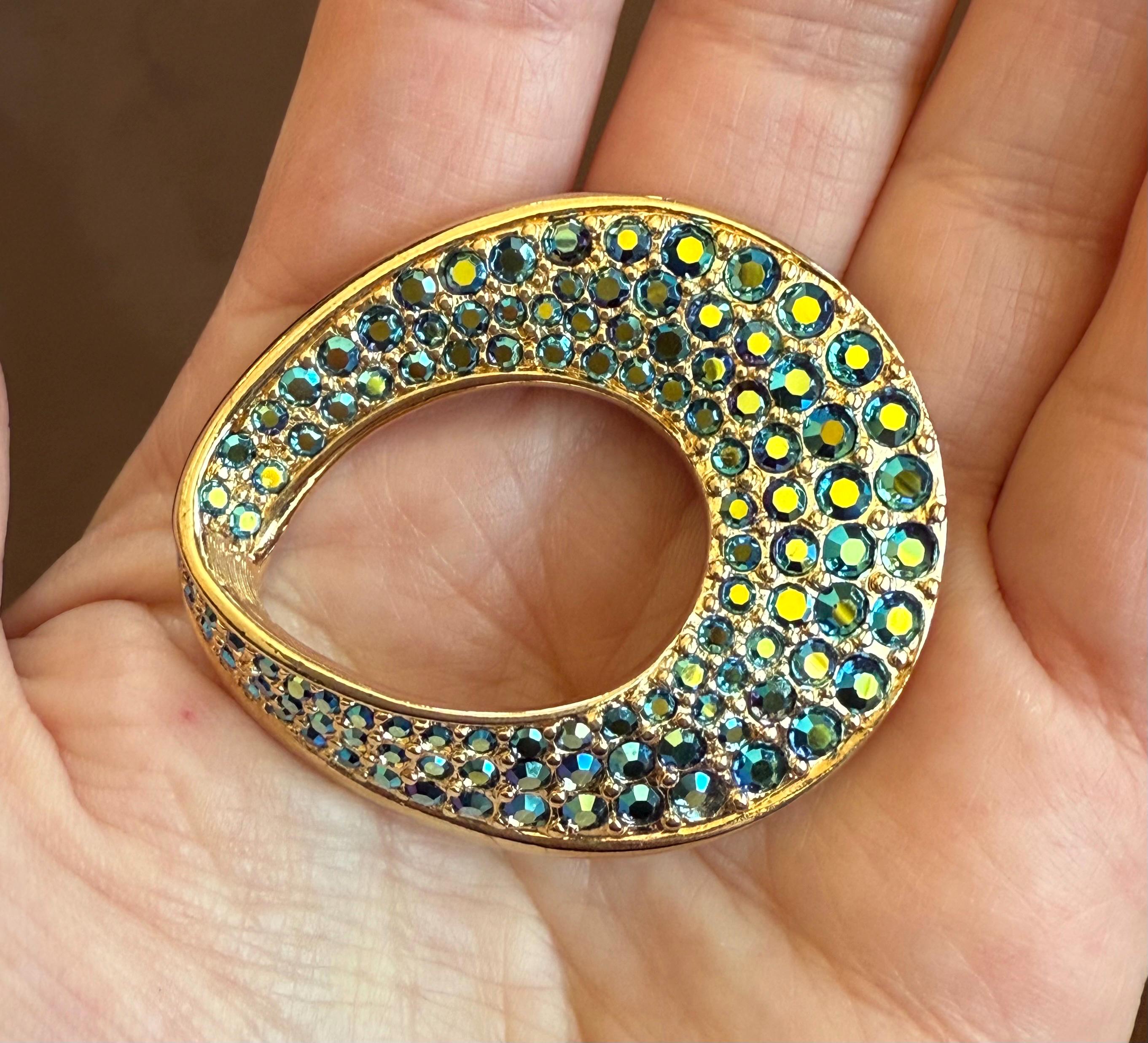 Swarovski Blue Green AB Rhinestone and Gold Tone Brooch - Peacock