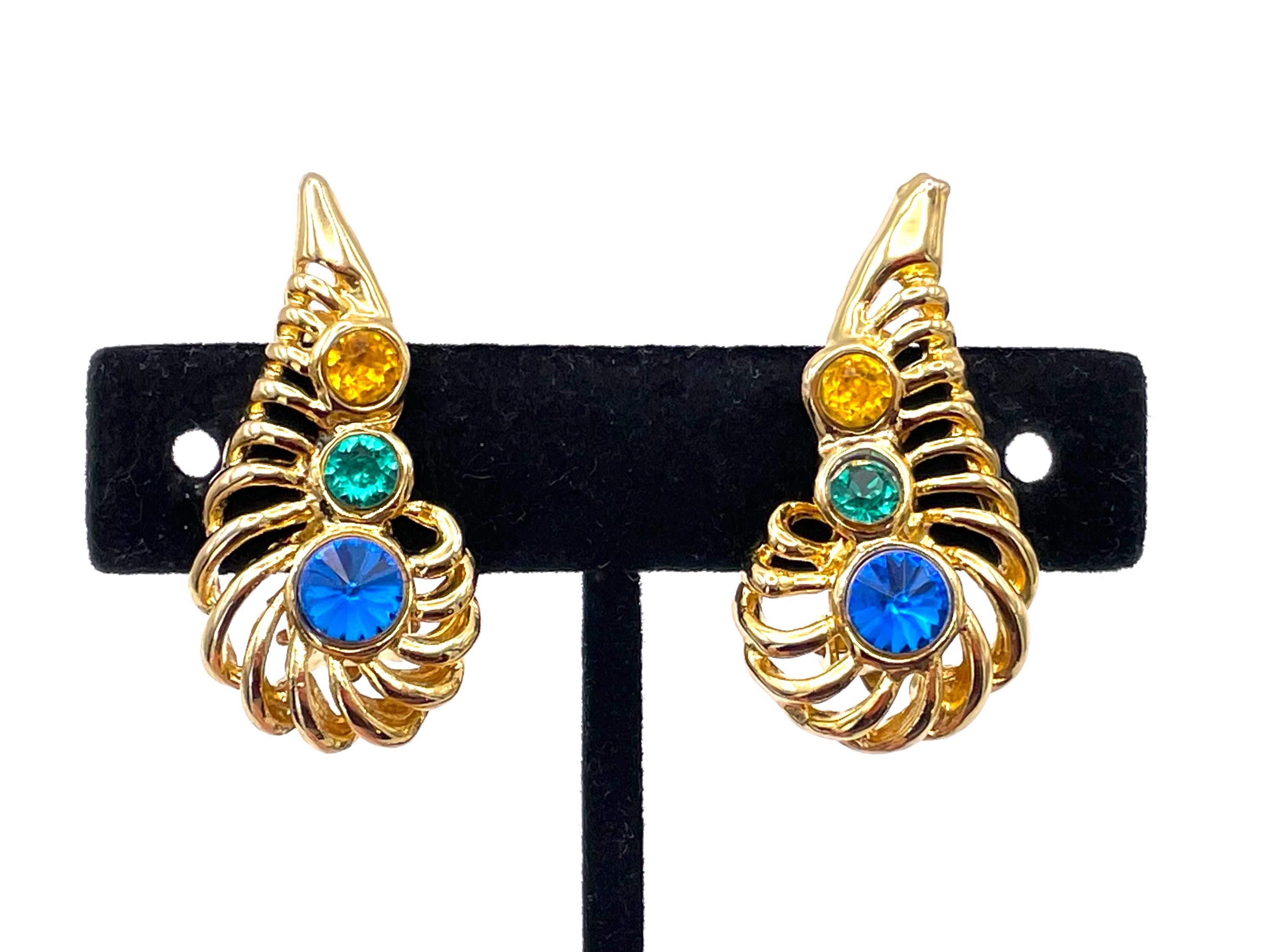 Boucles D'oreilles Vintage Clips Dorés Avec Strass Bleu Clair - Occasion Bon état