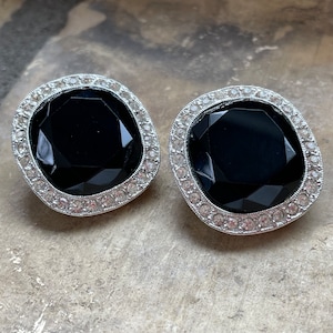 Faceted Black Glass, Clear Rhinestone, and Silver Tone Clip Earrings - Signed KJL Kenneth J Lane