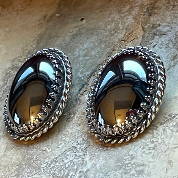 Whiting & Davis Co Black Glass Faux Hematite and Silver Tone Oval Clip Earrings - Signed
