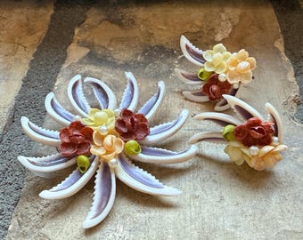 Vintage White, Brown, Purple & Green Genuine Seashell Brooch and Matching Screw Back Earrings
