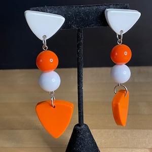 Vintage Dangle Pierced Earrings - White and Orange - Colorful Statement Earrings