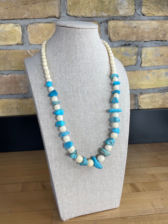 Carved Bone and Turquoise Color Stone Bead Necklac