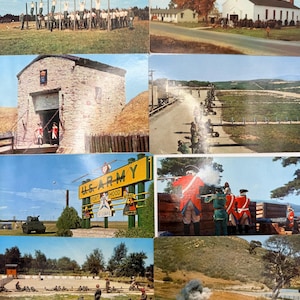 May include: A collection of eight vintage postcards featuring military scenes, including soldiers on an obstacle course, a white chapel, a stone fort, a firing range, a U.S. Army Fort Hood sign, soldiers in historical uniforms, and training exercises.