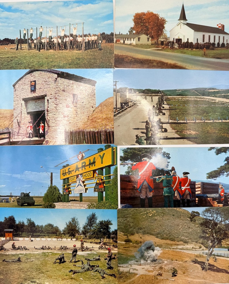 May include: A collection of eight vintage postcards featuring military scenes, including soldiers on an obstacle course, a white chapel, a stone fort, a firing range, a U.S. Army Fort Hood sign, soldiers in historical uniforms, and training exercises.