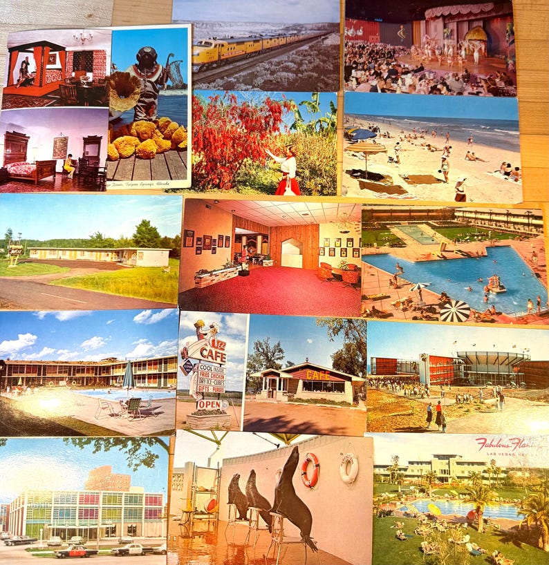 May include: A collection of vintage postcards featuring various scenes including a train, a beach, a swimming pool, a cafe, a hotel, a theater performance, a diver with sponges, and sea lions, all displayed in a grid layout on a flat surface.