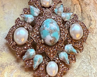 Sarah Coventry Vintage “Remembrance” Faux Turquoise and Pearl Gold Tone Brooch