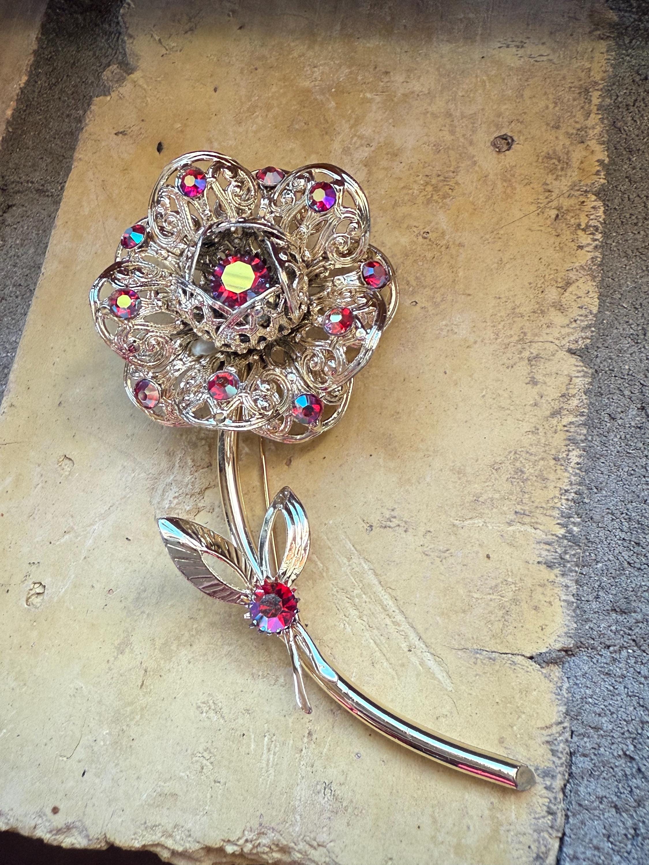 Sarah Coventry Vintage “Fashion Flower” Red AB Rhinestone and Gold Tone Filigree Brooch - 1961 Book Piece - Mid Century
