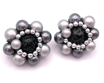 Vintage Faux Gray Pearl, Black Bead, and Silver Tone Beaded Cluster Clip Earrings - Japan