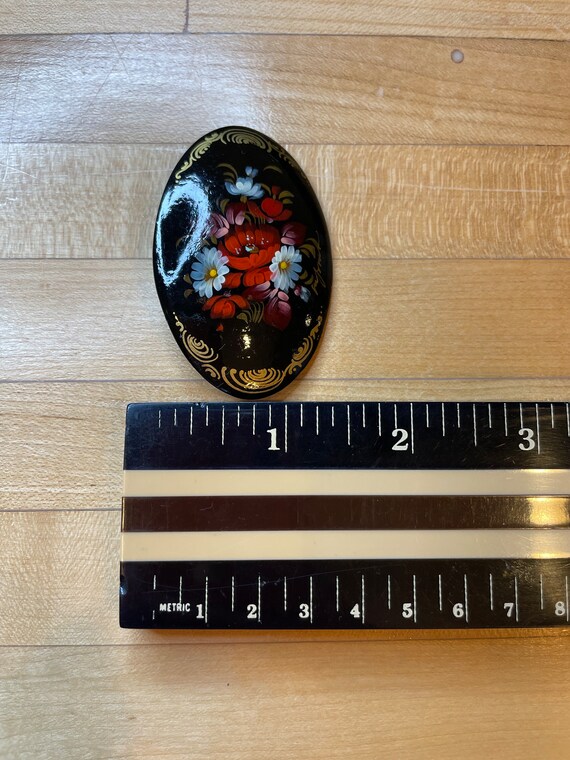 Vintage Russian Lacquer Palekh Hand Painted Brooch - Red, White