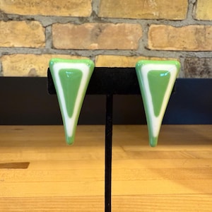 Green and White Triangle Glass Clip Earrings - Made by Unknown Artisan - Fabulous Statement Earrings