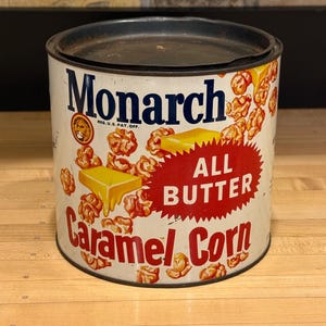 Scatola rotonda vintage Mid-Century Monarch con mais al caramello e burro - Un fantastico arredo per la cucina!