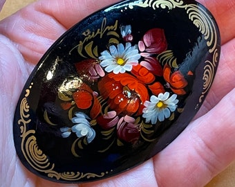 Vintage Russian Lacquer Palekh Hand Painted Brooch - Red, White, and Pink Flowers