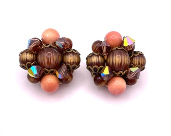 Vintage Mid Century Coral Color and Brown Tiger Stripe Bead Cluster Clip Earrings