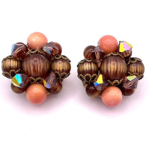 Vintage Mid Century Coral Color and Brown Tiger Stripe Bead Cluster Clip Earrings