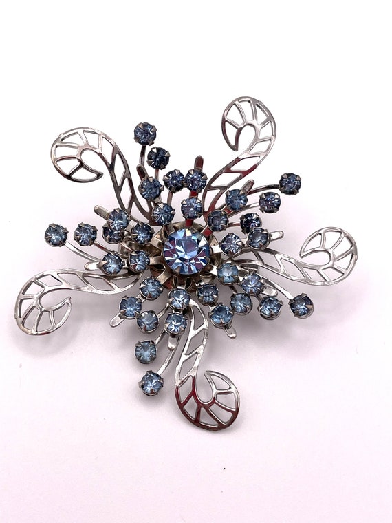 Vintage Silver Tone Brooch with Light Blue Rhines… - image 1