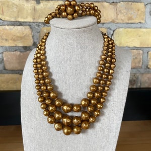 Conjunto de colar e pulseira de pérolas falsas de ouro vintage - Japão