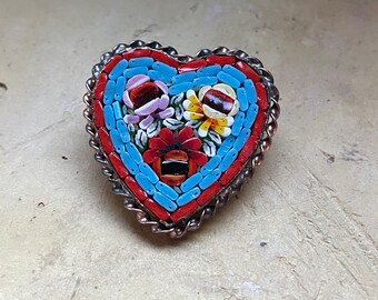 Vintage Micro Mosaic Heart Shaped Brooch / Pin With Flowers  Vintage Micro Mosaic Heart Brooch main image 1