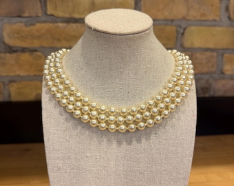 Three-Strand Vintage Glass Pearl Choker Necklace - 8mm Pearls - Hand Tied - 17” around - Off-White