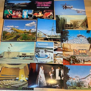 May include: A collection of vintage postcards featuring various scenes including the Peppermill Inn and Casino, a large fish statue, a sailing ship, Tupperware International Headquarters, a theater interior, and historical architectural landmarks.