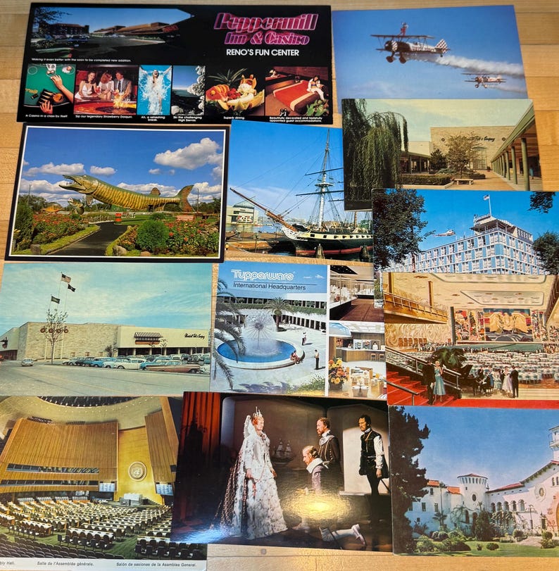 May include: A collection of vintage postcards featuring various scenes including the Peppermill Inn and Casino, a large fish statue, a sailing ship, Tupperware International Headquarters, a theater interior, and historical architectural landmarks.