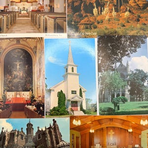 May include: A collection of seven vintage postcards featuring various religious buildings, including interior views of churches with wooden pews, the Chapel of the Holy Cross in Sedona, a white wooden church, and stone cathedrals with green lawns.